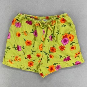 Vintage Floral Shorts Womens L Green Bright Drawstring‎ Cotton Garden Cottage